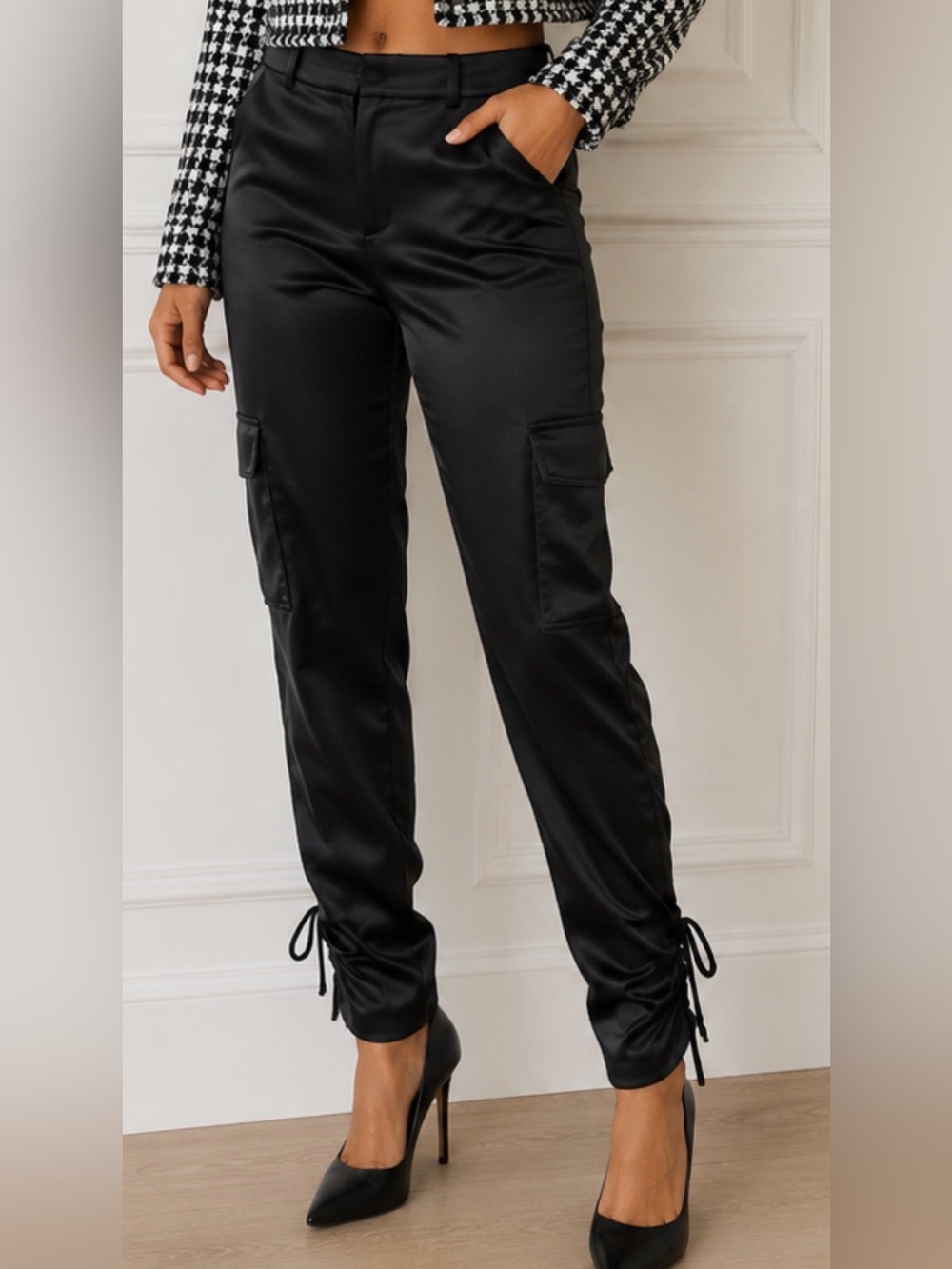 Parker Black Cargo Satin Jogger Pants - Sleek Utility Style size 2